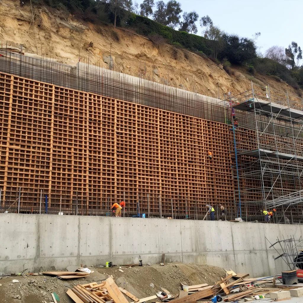 Tall reinforced concrete hillside retaining wall during construction in Los Angeles