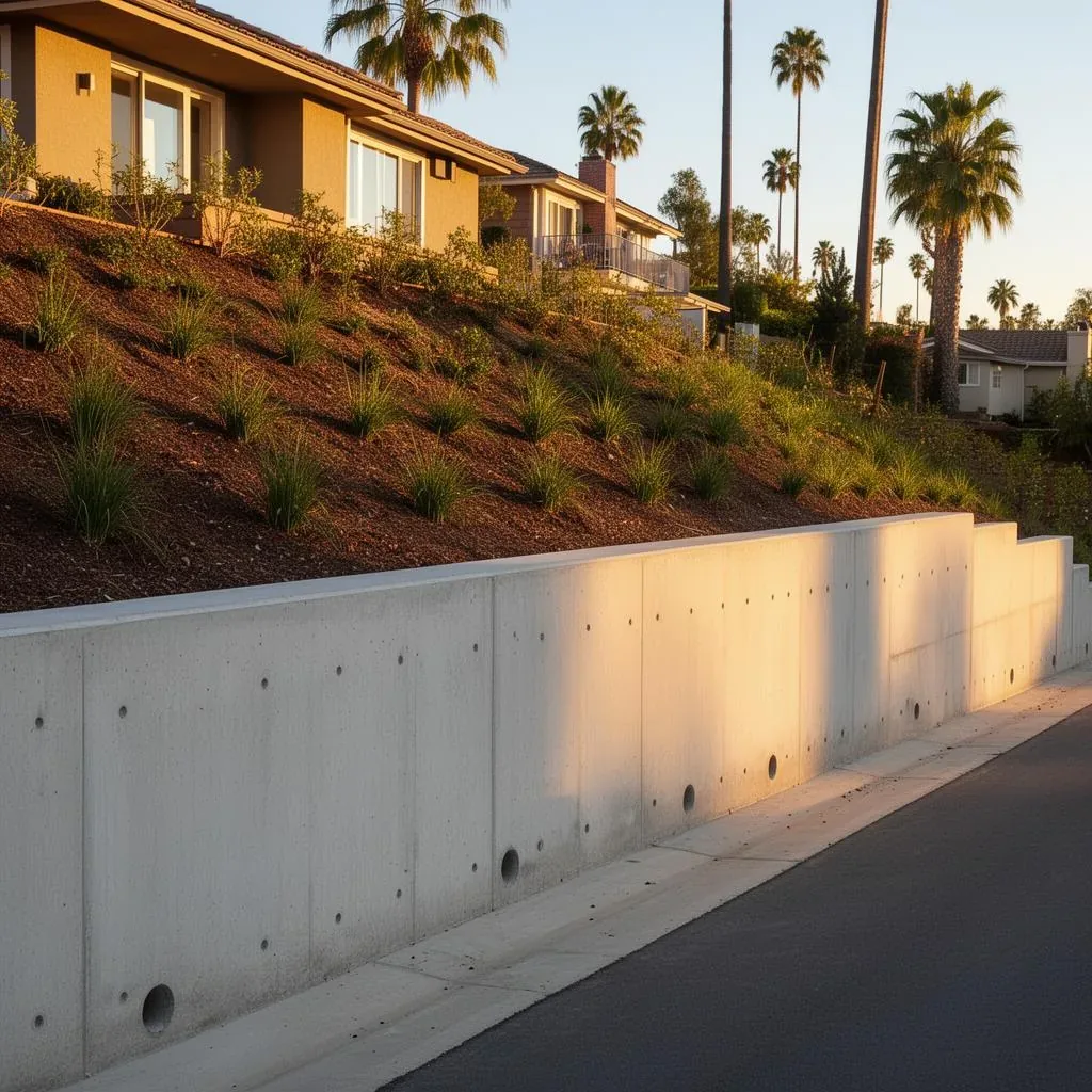 Newly completed cast-in-place concrete retaining wall on a Los Angeles hillside