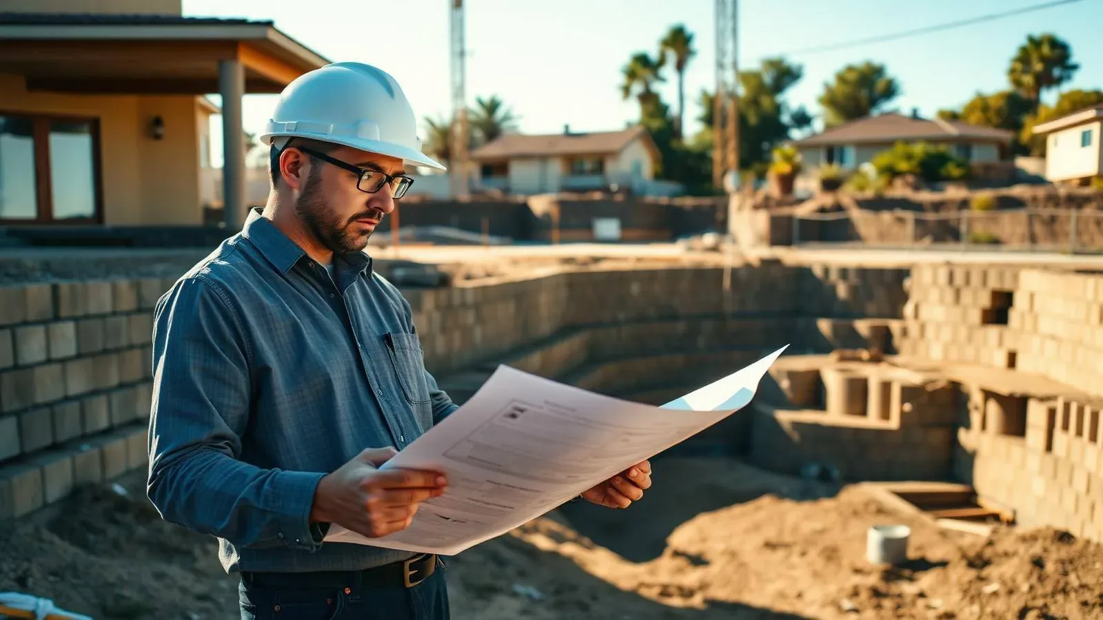 Structural concrete work being assessed at a Los Angeles residential property